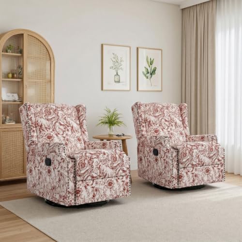 Image of Swivel Rocker Recliner Chairs Set of 2, 360 Swivel Wingback Recliner Chairs for Adults, Upholstered Glider Rocking Chair with High Back, Deep Seat for Living Romm Bedroom, Rococo Orange