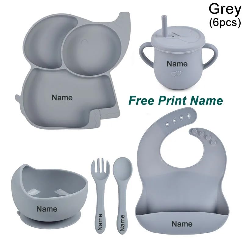 Personalized Baby Name Elephant Feeding Set 6Pcs, Custom Name Baby Silicone Weaning Set, Feeding Set With Name BPA Free