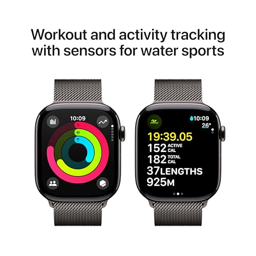 Image of Apple Watch Series 10 [GPS + Cellular 46 mm] Smartwatch with Slate Titanium Case with Slate Milanese Loop - S /M. Fitness Tracker, ECG App, Always-On Retina Display, Carbon Neutral
