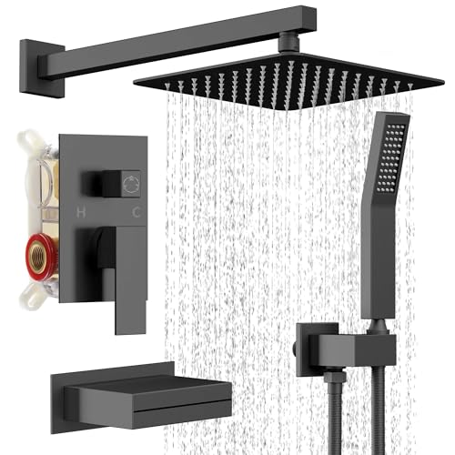 TRE Home - Juego de grifo de ducha de 3 funciones con kit de cabezal de ducha de mano, cabezal de lluvia de 10 pulgadas y boquilla de baño, juego de grifo de bañera, juego de cabezal de ducha con kit