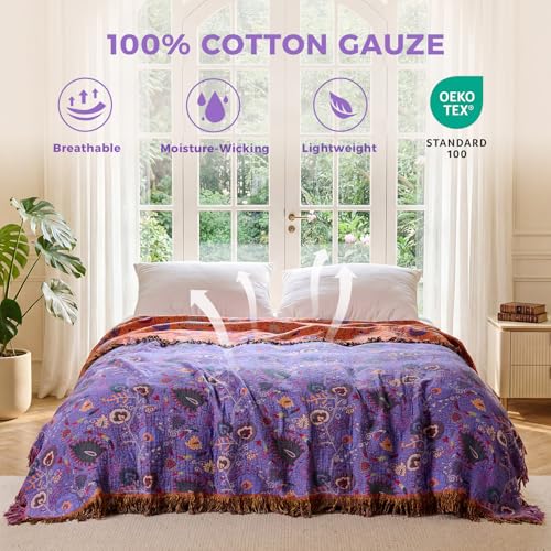 Image of LUTBM Boho Throw Blanket for Bed 60 inchx80 inch, 100% Cotton Purple Couch Blankets