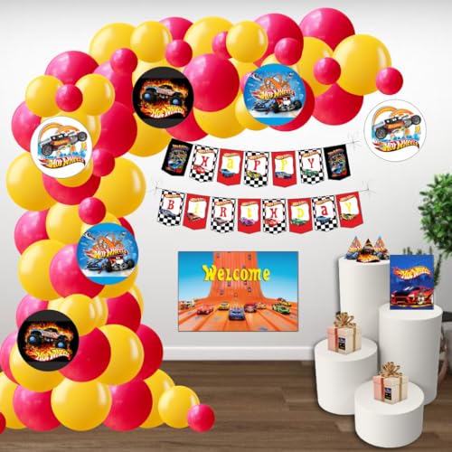 Image of PRETTY UR PARTY Hot Wheels Party Decorations Kit-80 Pcs Includes Banner|Balloons|Thank You|Centerpiece|Danglers|Hot Wheels Party Supplies|Racing Cars Birthday Decor|Diy Decor Pack For Kids|Boys