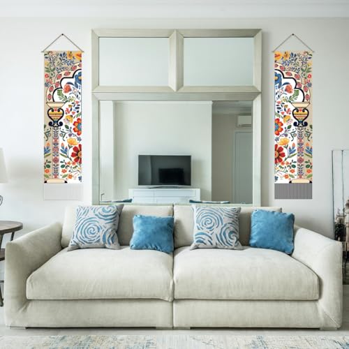 AHANDMAKER 2Pcs Boho Flower Mandala Indian Vertical Tapestry, Boho Floral Art Wall Hanging with Tassel for Living Room, Entry (45.7x13 Inch) - Image 8