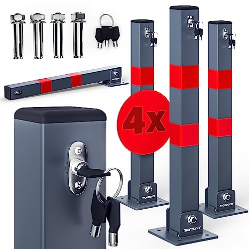 4x Poteau de stationnement barrière parking pliable 3 clés verrouillable acier accessoires bandes réfléchissantes borne