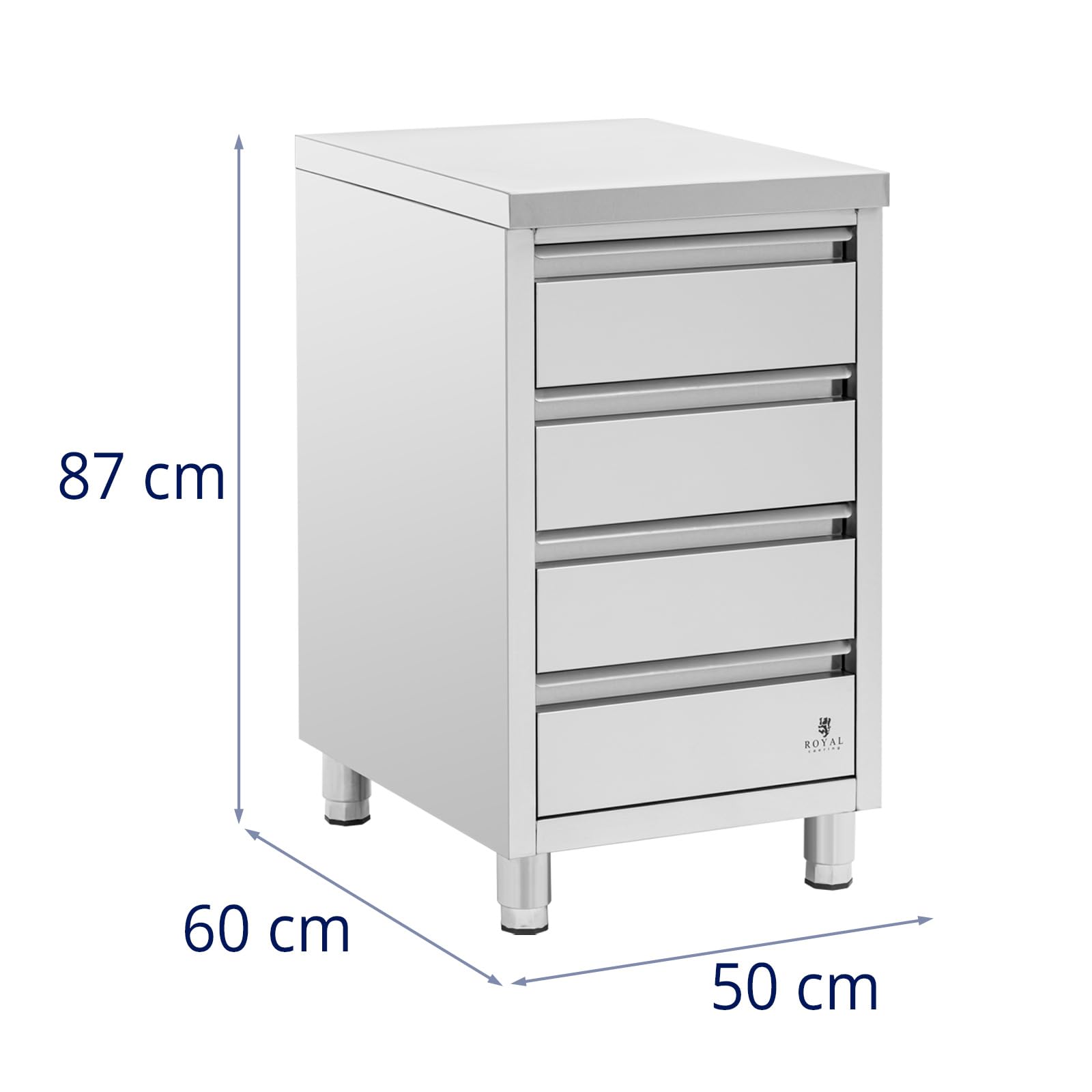 Royal Catering RCCD-4S - Armadio da lavoro in acciaio inox, 4 cassetti, 50 x 60 cm, altezza regolabile, in acciaio inox
