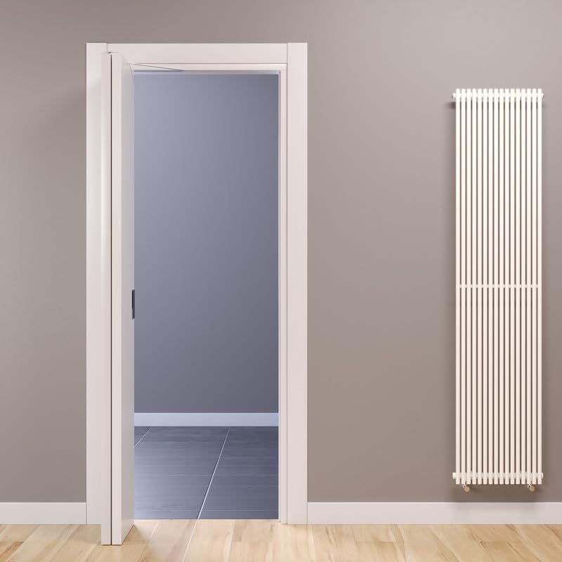 Porte Italiane, Fluid Motion - Porte pliante à livre 90° en stratifié, cadre en bois et couvre-bâtis imperméable, avec serrure magnétique, 60 x 210 cm, avec ouverture à droite, blanc