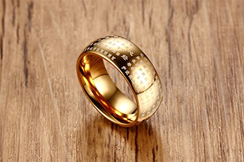 MEALGUET 8mm Gold Plated Stainless Steel Chinese Heart Sutra Engraved Buddhist Ring Buddhism Bands Amulet Jewelry for Men,Size 7