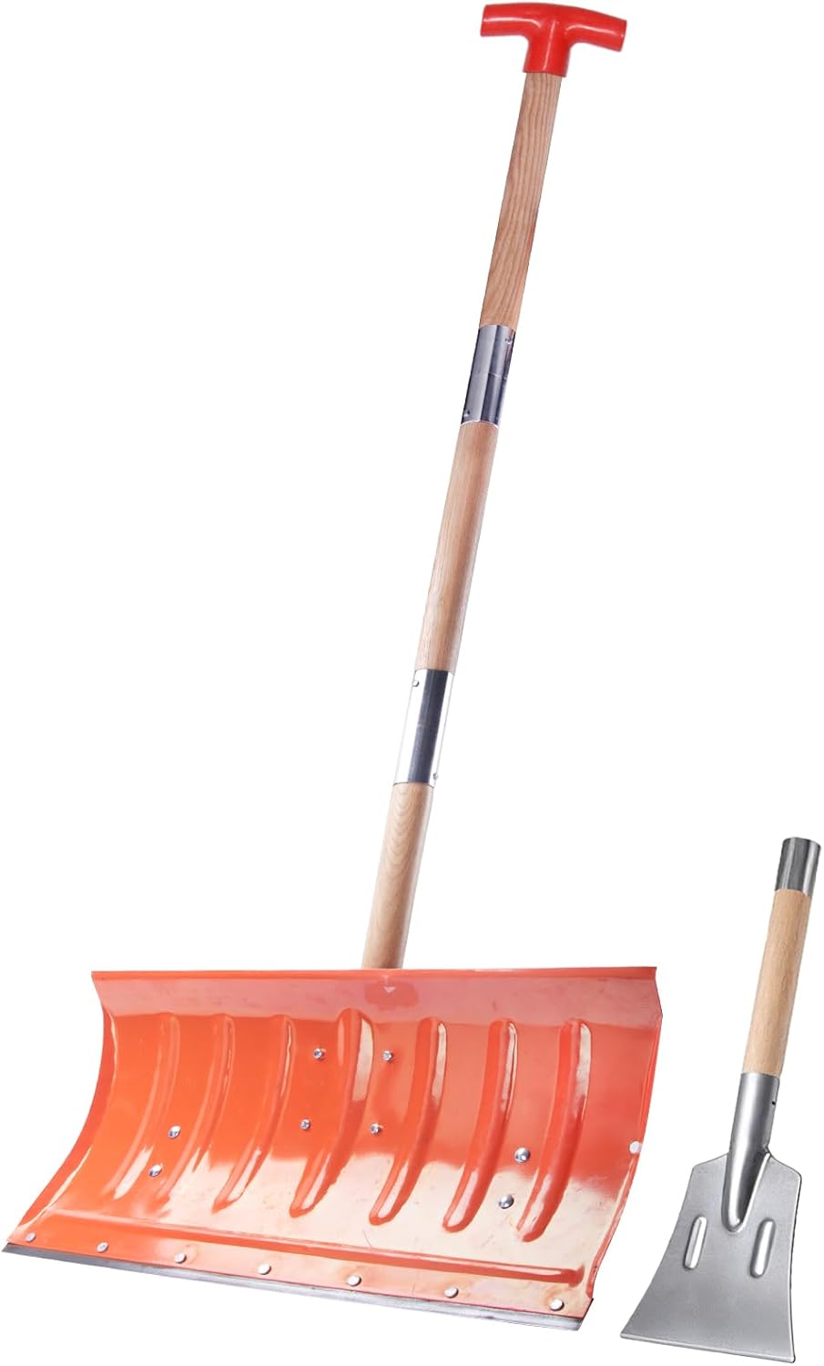 Snow Pusher and Ice Scraper, 22" Snow Shovel Plow 6" Flat Shovel with Adjustable Long Wooden Handle for Blacktop, Decks, Outdoor driveways