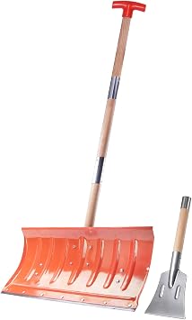 Snow Pusher and Ice Scraper, 22" Snow Shovel Plow 6" Flat Shovel with Adjustable Long Wooden Handle for Blacktop, Decks, Outdoor driveways