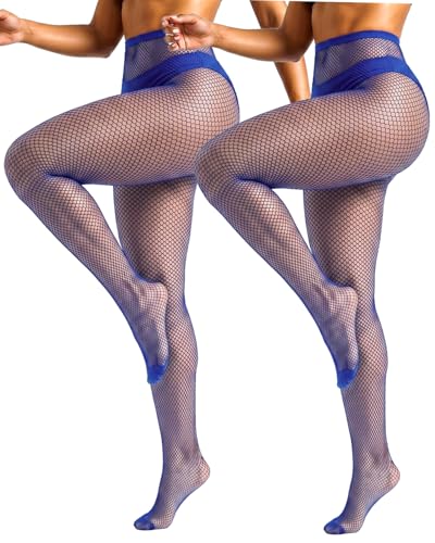 ZINTEDI 2 Pairs Womens Fishnet Stockings High Waist Tights Fishnets Fishnet Tights for Women (Blue)