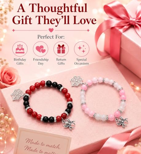 Image of Spider-Man Inspired Couple Bracelets 2pcs - Magnetic Attraction Heart Charm, Glass Beads, Spider Pendant, Marvel Theme Party Accessory, Valentine's Day Gift, Suitable for All Seasons