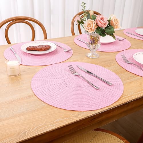 Image of SHACOS Round Braided Placemats Set of 4 Washable 15 inch Round Table Mats for Dining Table Place Mats Home Wedding Party Decor (Pink, 4)