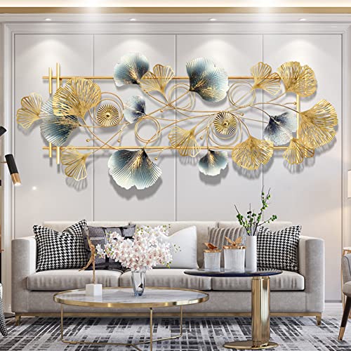 Wanddeko Metall, Kreative Handgemachte Blätter Wanddekoration Aus Metall, Wandschmuck, 3D Metallwandkunst Wandverzierung, Dekoration Ginkgo für Wohnzimmer Schlafzimmer Esszimmer Wohnkul(Size:123X52CM) Cover