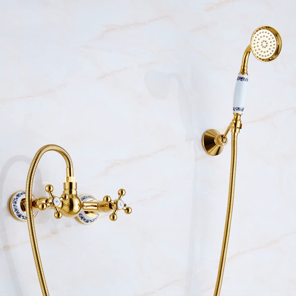 Elegancka mosiężna bateria wannowa w stylu retro z ręcznym prysznicem, podwójny uchwyt, wąż 150 cm, antyczne złote wykończenie, klasyczny design do renowacji łazienki