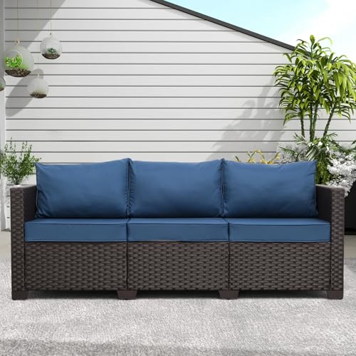 Oasishine Outdoor Couch Wicker Patio Furniture 3-seat Sofa Outdoor Furniture Deep Seat Hight Backrest Waterproof Cover Non-Slip Cushions, Navy Blue