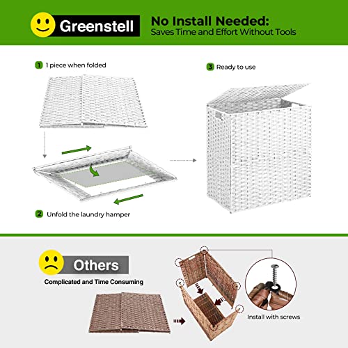 Greenstell Laundry Hamper With Lid, No Install Needed, 110L Wicker Laundry Baskets Foldable 2 Removable Liner Bags, 2 Section Clothes Hamper Handwoven Synthetic Rattan Laundry Basket With Handles, White 22.2X13.3X24.0 Inches #TOP2