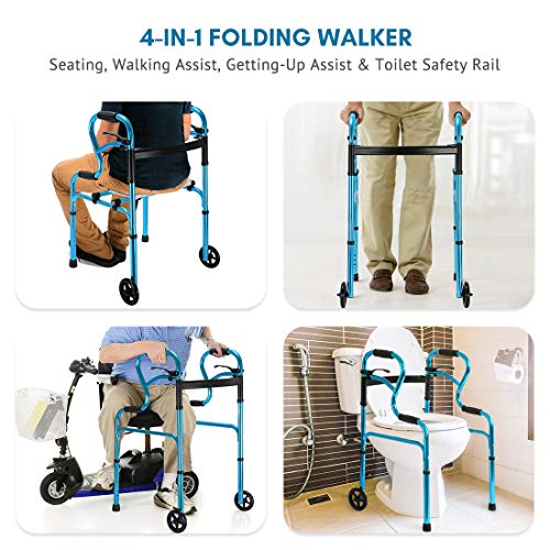 Health Line Massage Products 4 in 1 Stand-Assist Folding Walker with Detachable Seat, Trigger Release and 5" Wheels Supports up to 350 lbs, Compact Lightweight & Portable - w/Bonus Glides, Blue
