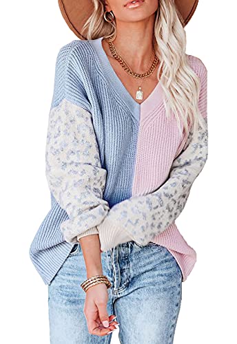 Image of ANCAPELION Women's V Neck Sweater Pullover Leopard Long Sleeve Basic Color Block Jumper Casual Knitted Tops