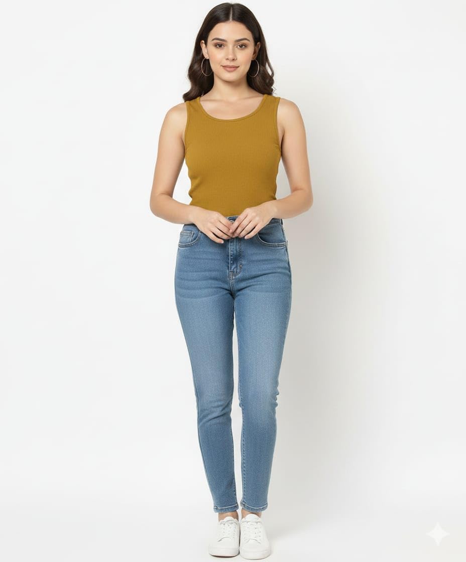 DS Divisha Women’s Ribbed Sleeveless Tank Top – Cotton Stretch Slim Fit Round Neck Fitted Vest, Casual Top for Gym, Yoga, Lounge & Summer Outfit (in, Alpha, L, Yellow) 2
