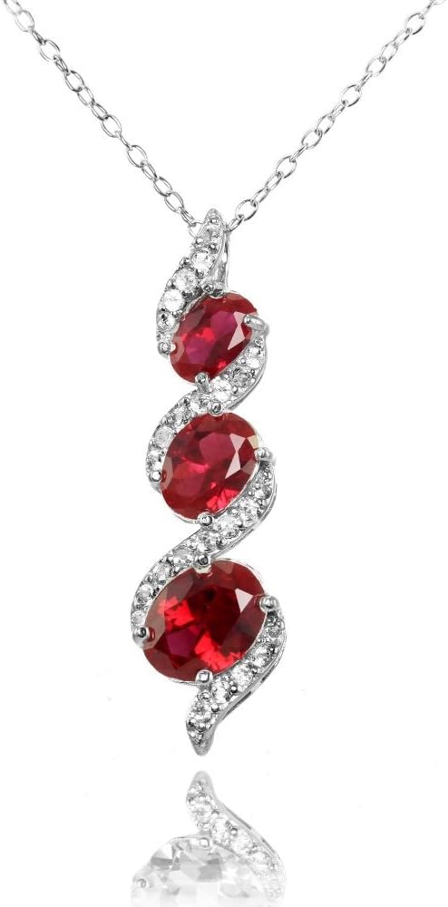 Sterling Silver Genuine, Created or Simulated and White Topaz Oval S Design Three-Stone Journey Necklace