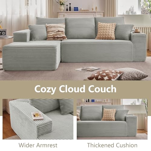 Image of 107 inch Cloud Sectional Couch with L-Shape Chaise, Modern Modular Comfy Sofa with Deep Seat, Upholstered Corduroy Couches Sleeper Chaise Longue for Living Room Bedroom, No Assembly Required, Grey