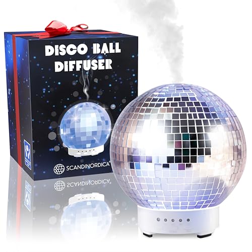 SCANDINORDICA Disco Ball Diffuser - Original Rotating Disco Essential Oil Diffuser with Whisper Quiet Operation 14 Color Night Light & 4Time Settings | Cute Eclectic Home Decor for Medium Room Silver
