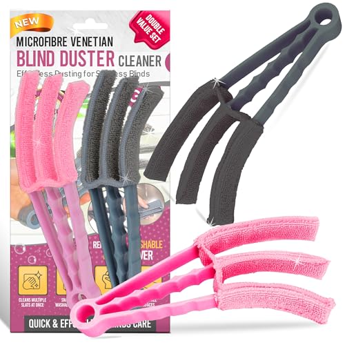 G4GADGET 2 Pack Venetian Blind Cleaner Tool – 3 Pronged Microfiber Duster for Window, Air Conditioner & Car Blinds – Washable Sleeves for Wet & Dry Cleaning, Pink & Grey