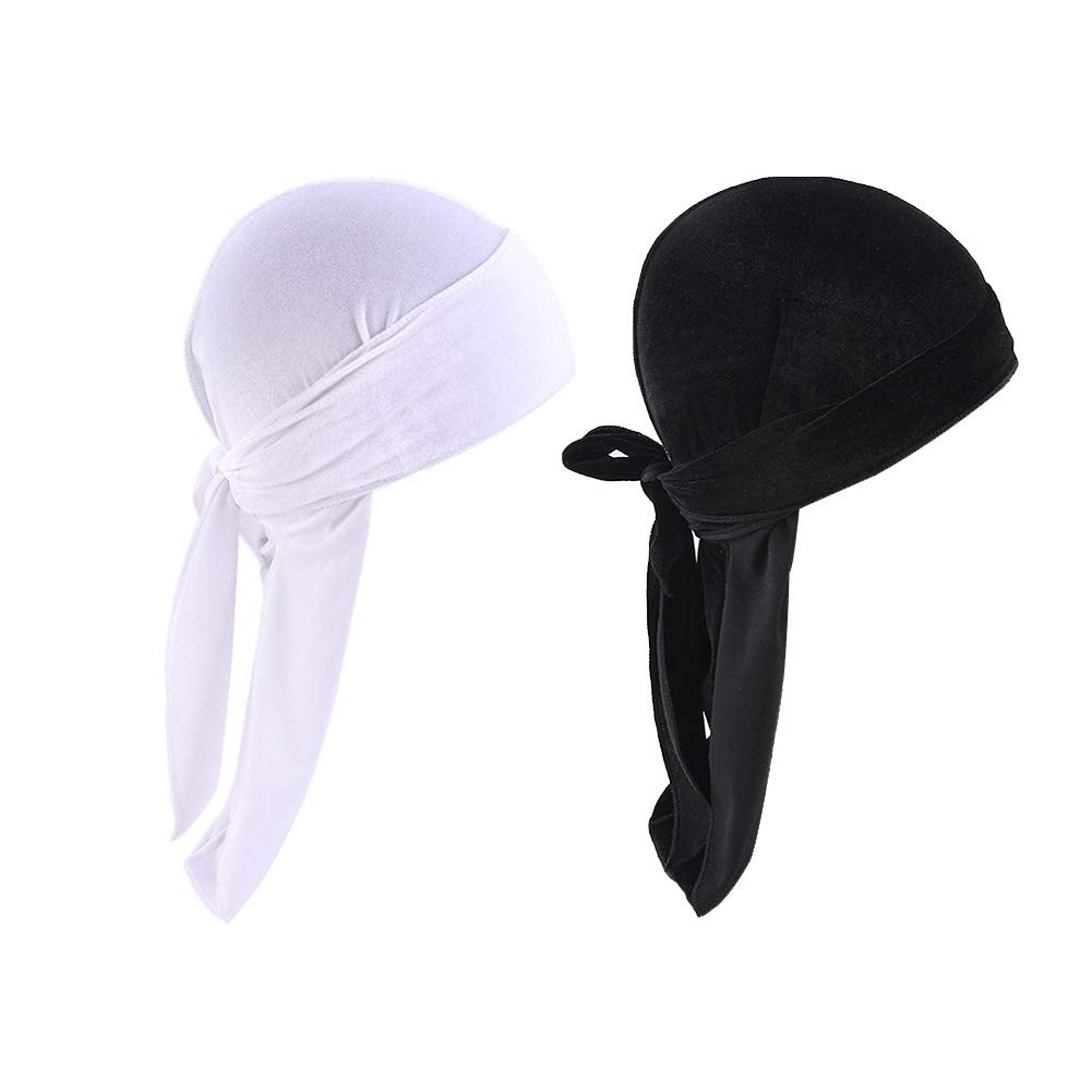 2pcs Velvet Durag for Men Women Unisex Long Tail Durag 360 Waves Headwraps Pirate Cap Bandana Turban Hat (White + Black)