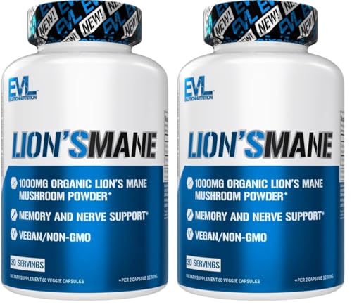 Evlution Organic Lion’s Mane Mushroom Supplement - Lion’s Mane Mushroom Capsules Nootropics Brain Support Supplement for Focus Memory Clarity and Immunity Support (Pack of 2) 60 Count (Pack of 2)