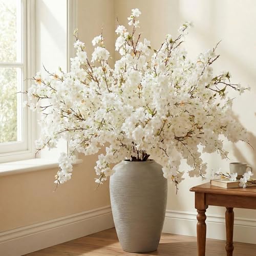 Giegxin 18 Pcs Artificial Cherry Blossom 41 Faux Cherry Branches Spring Decor Indoor Silk Fake Flowers Long Stems for Tall Vase Table Home Wedding Business Spaces Decor(White)