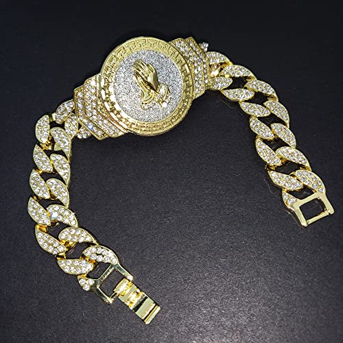 14K Gold Plated 8.5" Cz Full Iced Praying Hands Cuban Hip Hop Jewelry Fashion Bracelet #TOP1