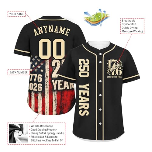 Jersey personalizado de béisbol Aniversario 250 años América, nombre y número patriótico 1776-2016, camiseta de softbol miniatura 3