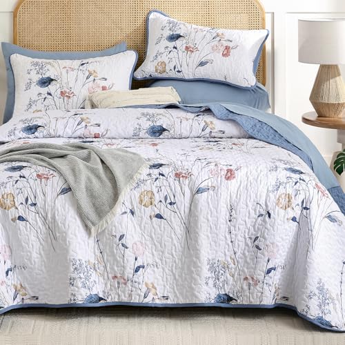 WONGS BEDDING Floral Quilt Set King Navy Microfiber 3P