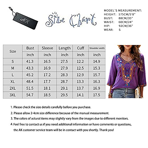 Ak Embroidered Tops For Women 3/4 Sleeve Peasant Blouse Mexican Shirts V Neck Traditional Tunic Casual Tops Purple #TOP5