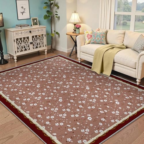 Brown White Floral Area Rug 8x10ft French Countryside Plant Pattern