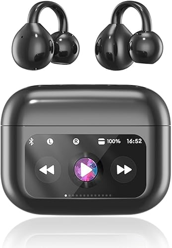 Auriculares con clip, auriculares de oreja abierta, inalámbricos Bluetooth 5.4, auriculares con clip con pantalla táctil LCD, auriculares ligeros