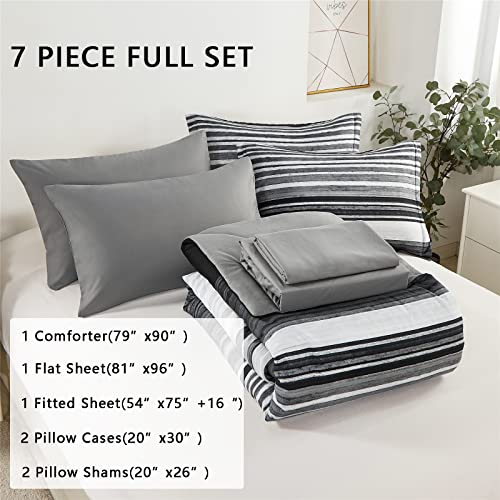 Kakijumn 7 Piece Bed In A Bag Stripe Comforter Set Full Size, White Grey Black Patchwork Striped Comforter And Sheet Set, All Season Soft Microfiber Complete Bedding Sets(Grey,Full) #TOP1