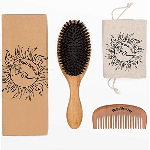 Boar Bristle Hair Brush and Wide-Tooth comb set by Baja Breeze to Promote Hair Growth and Naturally Condition Hair