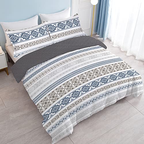 Soulzzz Bohemian Geometric Duvet Cover Set Twin Size Boho Blue Chevron Strip Gingham Comforter Cover Soft Lightweight Chic 3 Pieces Geometric Bedding Set No Comforter Included #TOP1