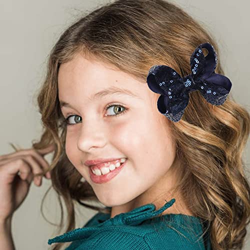 Set de accesorios de cabello con moños de grosgrain y lentejuelas – 6 piezas: moños brillantes, clips, diadema y liga para cabello para niñas pequeñas (Azul Marino) miniatura 6