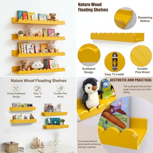 Image of Scalloped Shelves for Nursery - Wall Book Shelves for Bedroom Kids, Nursery Bookshelf for Wall Set of 4, Floating Book Shelves Solid Wood,18 Inch (Yellow)