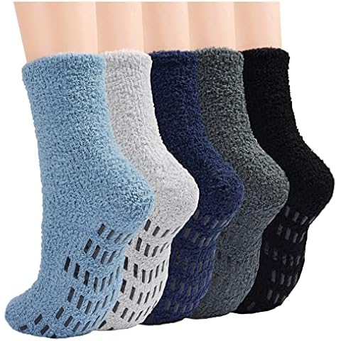 JaosWish Mens Slipper Fluffy Socks, 5 Pairs Bed Cosy Warm Thermal Socks for Men with Grippers, Winter Fleece Cozy Comfy Fuzzy Socks Non Slip 6-10 for Home Sleeping Cover