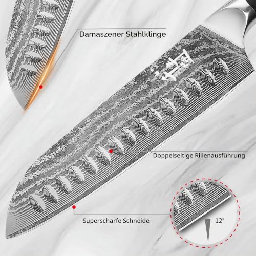 QIANFENGSHENG Damaszener Santokumesser 18 cm, professionelles Küchenmesser mit Holzgriff, Kochmesser mit hohem Kohlenstoffgehalt… – Ansicht 4