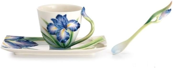 Franz Porcelain Eloquent Iris Flower Design Sculptured Porcelain Cup/Saucer Set with Spoon
