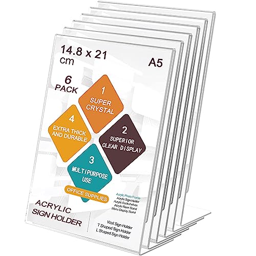 ROSSHINE A5 Acrylic Sign Holder, 6pack L-Shape A5 Perspex Display Stand, Clear Poster Menu Holders for Office School Shop Restaurant
