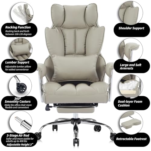 Image of Efomao Big and Tall Office Chair 400lbs - High Back Executive Chair with Swivel Base, PU Leather Upholstery, Lumbar Pillow, Padded Armrests, and Rolling Wheels,Grey Computer Chair