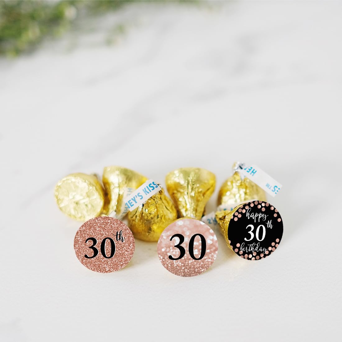 Andaz Press Glitzy Faux Rose Gold Glitter Milestone Chocolate Drop Labels, Cheers to 30 Years, 30th Birthday or Anniversary, 240-Pack, Not Real Glitter, Kisses Party Colored Decorations