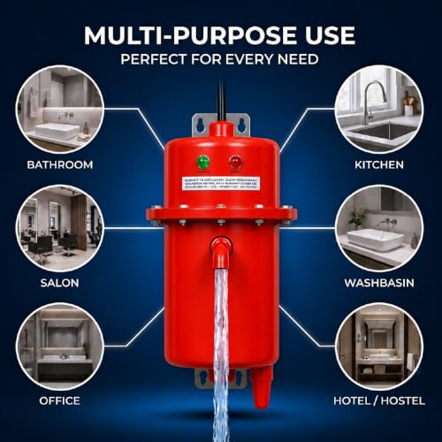 Image of Seltix 1L Instant Water Geyser | Portable Electric Water Heater for Bathroom & Kitchen | ABS Body, Copper Heating Element, Auto Cut-Off, Energy Saving, Wall-Mountable (Red)