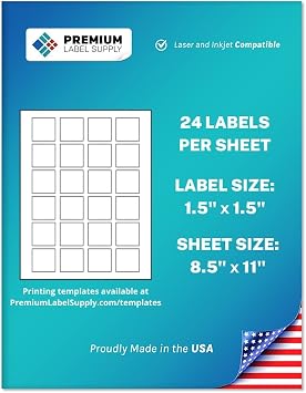 Premium Label Supply White Sticker Square Labels 1.5" x 1.5" Laser/Inkjet Compatible 24 per Sheet, 2000 Sheets 48,000 Total Adhesive Labels