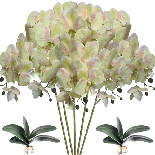HinyoCo 5 Piezas Blanca Flores Artificial Orquideas con 2 Piezas Hojas，Rama de Orquídeas Phalaenopsis Mariposa Boda Flores Decorativa Interior (Verde Claro y Rosa)